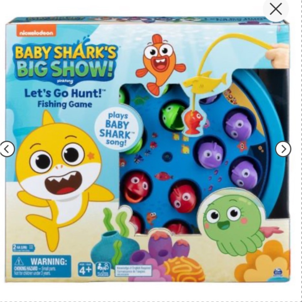 Pink Fong Baby Shark Fishing Game, ages 4+, in original box; uses 2 AA batteries